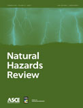 Natural Hazards Review cover with an image of lightning on a green background. The journal title and ASCE logo are displayed as well.